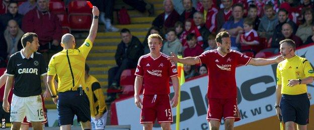 Aberdeen midfielder Barry Robson is sent off against Dundee United