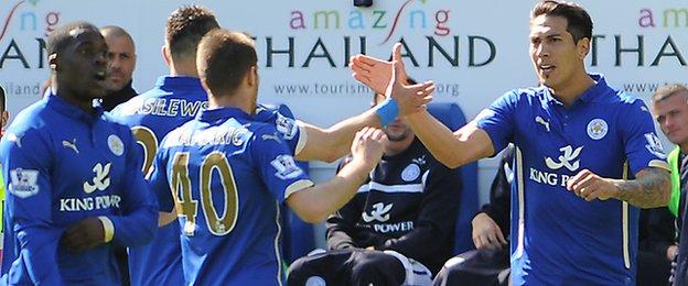 Leicester striker Leonardo Ulloa celebrates his goal against Swansea