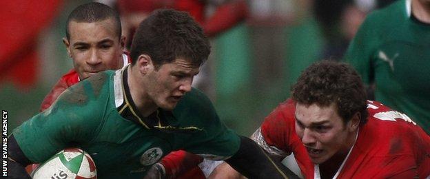 Eli Walker (l) and George North (r) in action against Ireland-U18 in April 2010