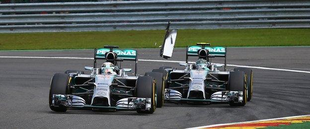 Lewis Hamilton and Nico Rosberg collide during the 2014 grand prix in Spa, Belgium