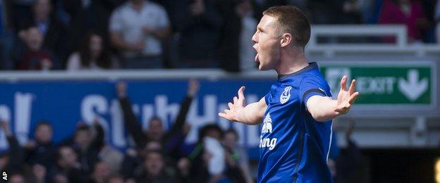 James McCarthy celebrates scoring against Manchester United