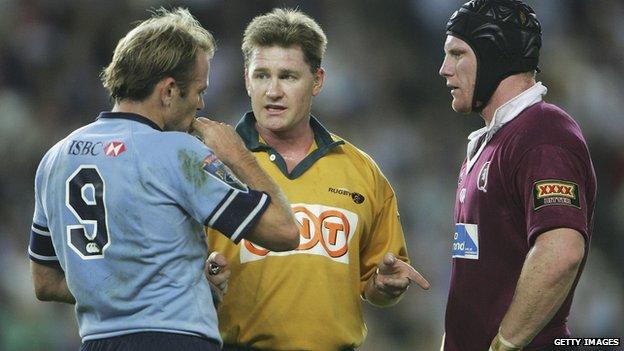 Referee Stuart Dickinson lays down the law