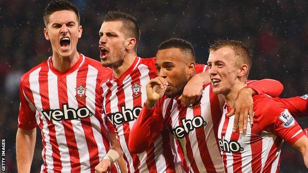 Ryan Bertrand (third left) celebrates with his Southampton team-mates after scoring against Crystal Palace