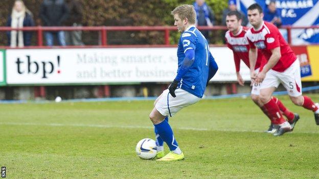 Willie Gibson scores a penalty for Stranraer against Brechin City