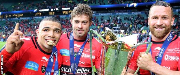 Bryan Habana, Leigh Halfpenny and Matt Giteau celebrate Toulon's win