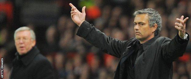 Jose Mourinho and Sir Alex Ferguson during Inter Milan's trip to Old Trafford in the Champions League, 2011