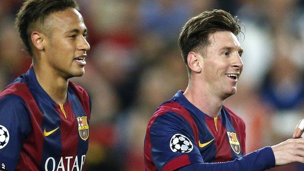 Neymar and Messi celebrate victory