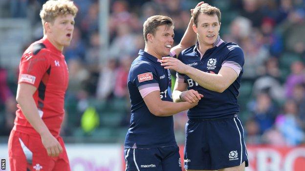 Scotland duo Nyle Godsmark (right) and Gavin Lowe celebrate victory over Wales