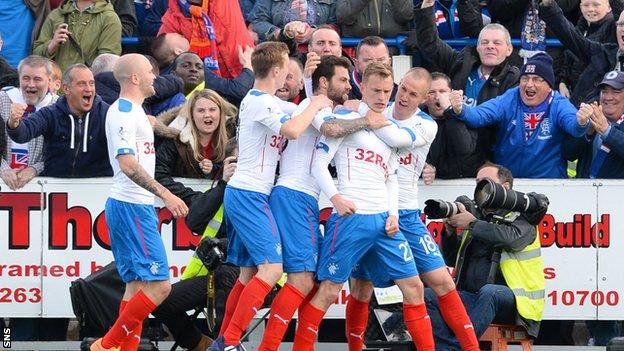 Rangers' Dean Shiels (2nd from right) celebrates after putting his side 2-1 up