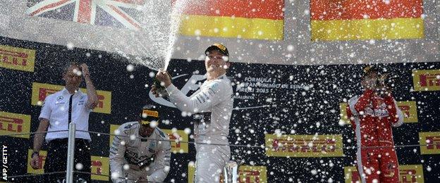 Nico Rosberg, Lewis Hamilton and Sebastian Vettel celebrate