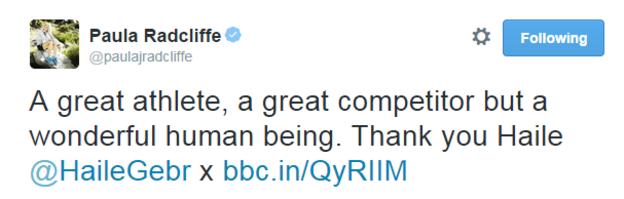 Paula Radcliffe tweet about Haile Gebrselassie