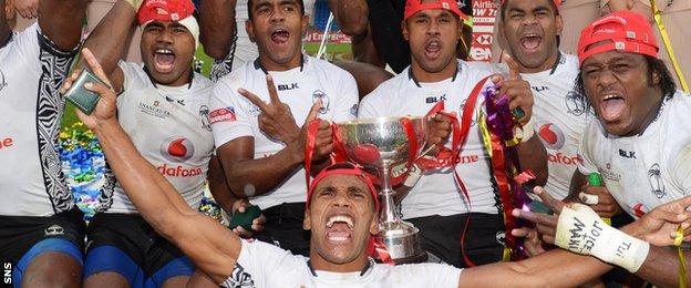 Fiji captain Osea Kolinisau roars with delight after his team beat New Zealand in Glasgow