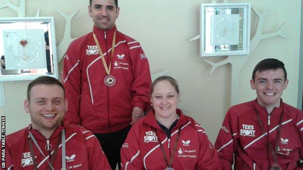 (Lto R) Rob Davies, Paul Karabardak, Sara Head and Tom Matthews all took medals in Slovenia