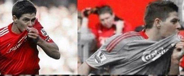 Steven Gerrard in badge-kissing celebration mode