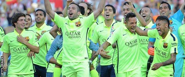 Barcelona celebrate after beating Atletico Madrid