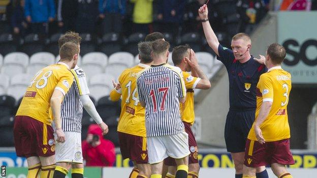 Motherwell's Scott McDonald (third from right) was show a red card in the St Mirren defeat