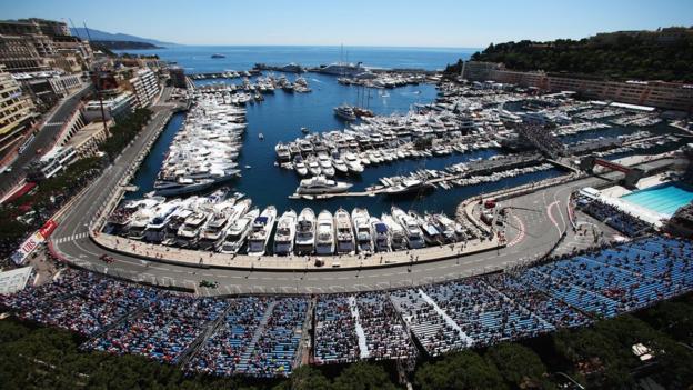 General view as the cars round the harbour and swimming pool complex during practice for the Monaco Formula One Grand Prix at the Circuit de Monaco on May 23, 2013