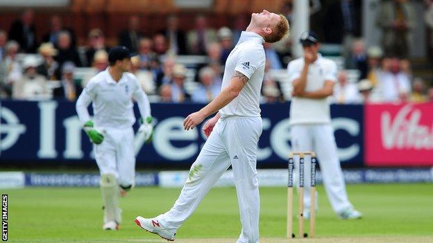 Ben Stokes reacts after Ian Bell drops a catch