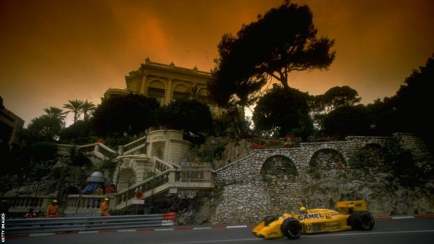 1987: Ayrton Senna of Brazil in action in his Lotus Honda during the Monaco Grand Prix at the Monte Carlo circuit in Monaco. Senna finished in first place.