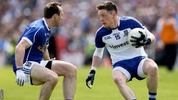 Conor McManus is about to be challenged by Cavan's Fergal Flanagan at Breffni Park