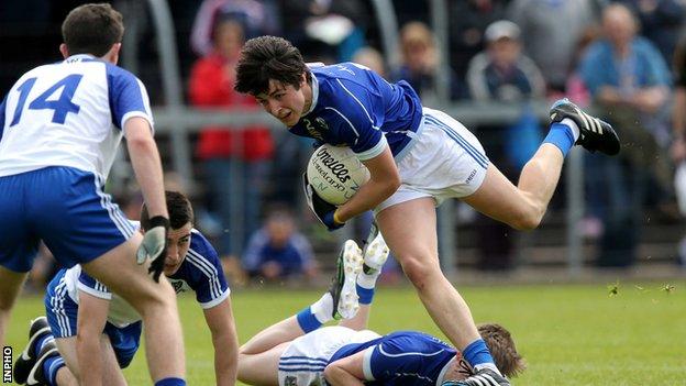 Cavan's Patrick O'Reilly attempts to keep his balance at Breffni Park
