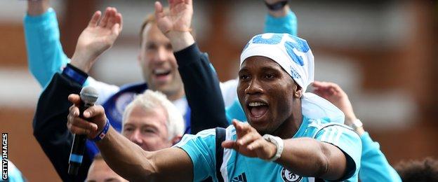Didier Drogba celebrating on Chelsea's bus parade