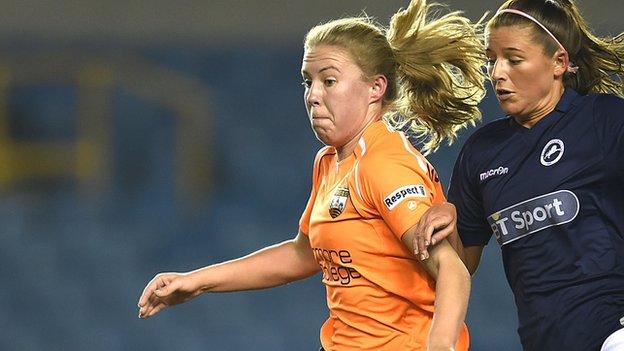 London Bee's Ashleigh Goddard beats Millwall's Ciara Sherwood to the ball