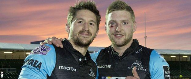 Henry Pyrgos and Finn Russell celebrate reaching the Pro12 final