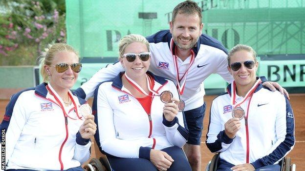 GB women's team of Jordanne Whiley, Louise Hunt and Lucy Shuker with coach Kevin Simpson