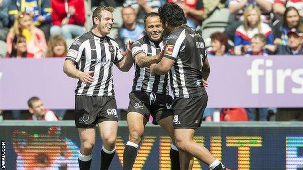 Patrick Ah Van is congratulated after his first try in the Magic Weekend win over Salford