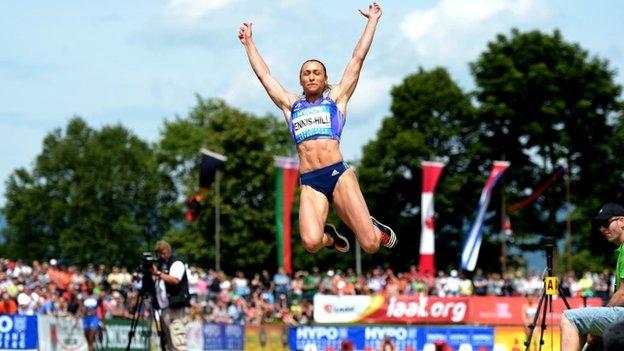Jessica Ennis-Hill competes in the long jump in Gotzis