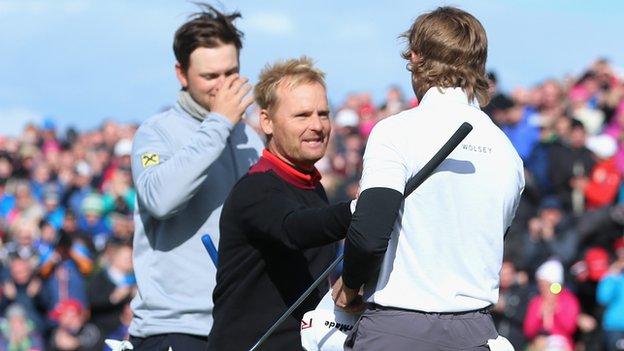 The action ended at the first extra hole at Royal County Down as Soren Kjeldsen (centre) holed a four-footer to beat Bernd Wiesberger (left) and Pepperell