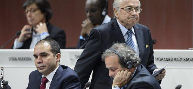 Prince Ali Bin Al Hussein, Michel Platini and Sepp Blatter