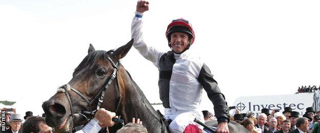 Frankie Dettori celebrates his Derby win on Golden Horn