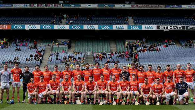 Armagh senior hurlers pose for the pre-match photograph before taking on Roscommon in the 2015 Nicky Rackard Cup final at Croke Park