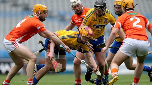 Armagh players close in on Roscommon's Cillian Egan during the final at Croke Park in Dublin