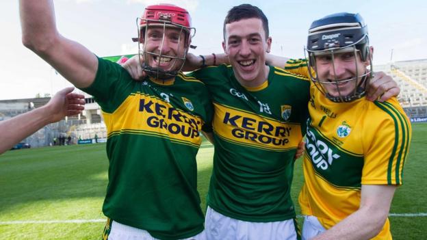 Patrick Kelly, David Butler and Stephen Murphy celebrate after Kerry's 11-point win over Derry