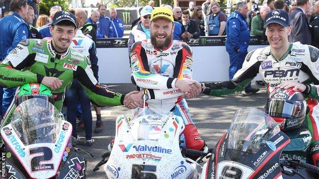 James Hillier, winner Bruce Anstey and Ian Hutchinson after the Superbike race