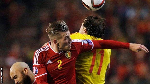 Belgium defender Toby Alderweireld challenges Wales forward Gareth Bale during their 0-0 draw in Brussels in November 2014