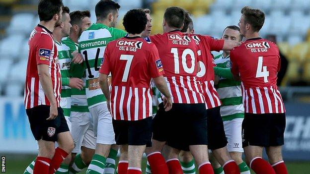 Tempers flared during Derry City's 4-1 defeat by Shamrock Rovers in Tallaght