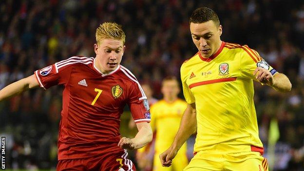 James Chester (R) won one of his four Wales caps in the 0-0 draw against Belgium in November 2014