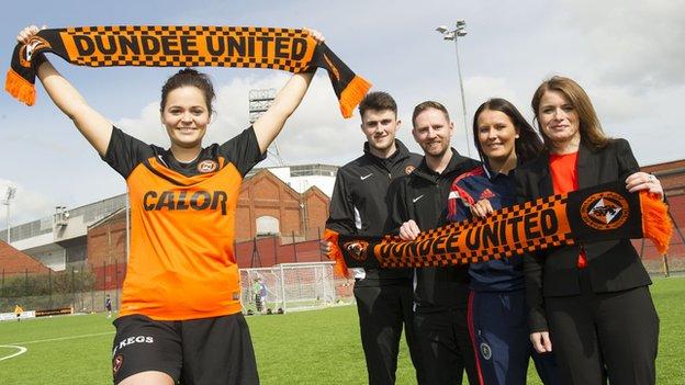 Dundee United players Steph Thompson and John Souttar, Dundee United community manager Gordon Grady, SFA development officer Sam Milne and Dundee United director Justine Mitchell