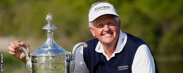 Colin Montgomerie with the 2014 Senior PGA Championship trophy