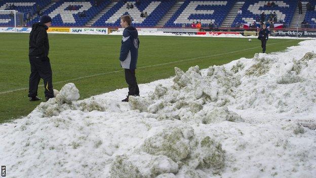 Caledonian Stadium under snow