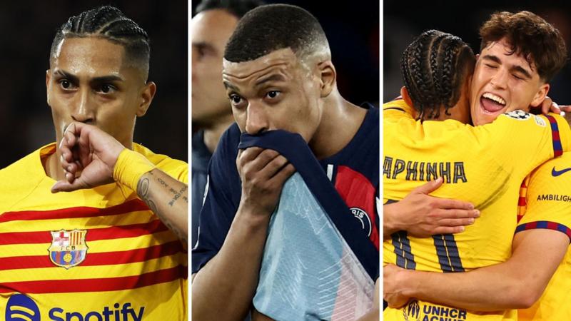 A split graphic showing Barcelona's Raphinha celebrating (left), a dejected Kylian Mbappe (centre) and a celebrating Pau Cubarsi (right)