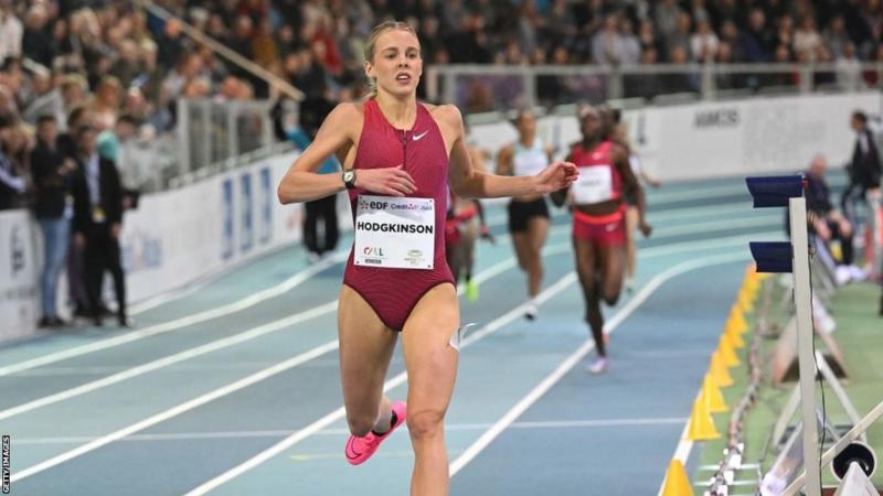 Keely Hodgkinson claimed an 800m victory at the World Indoor Tour event with a world-leading time.