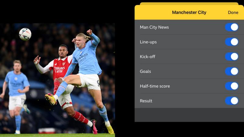 A split image of Manchester City's Erling Haaland and Arsenal's Gabriel battling for possession and a screengrab of City's notifications page in the BBC Sport app