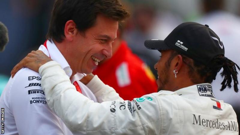 Toto Wolff congratulates driver Lewis Hamilton after the British GP last month