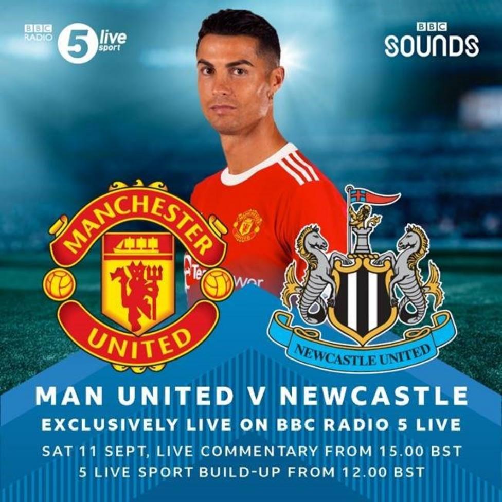 Graphic advertising Man Utd v Newcastle being on BBC Radio 5 live