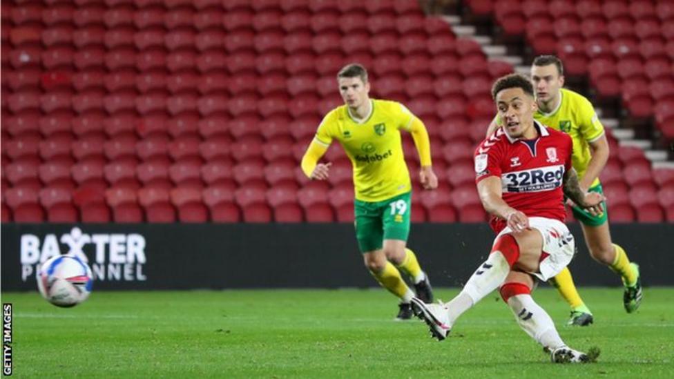 Middlesbrough's Marcus Tavernier takes a penalty